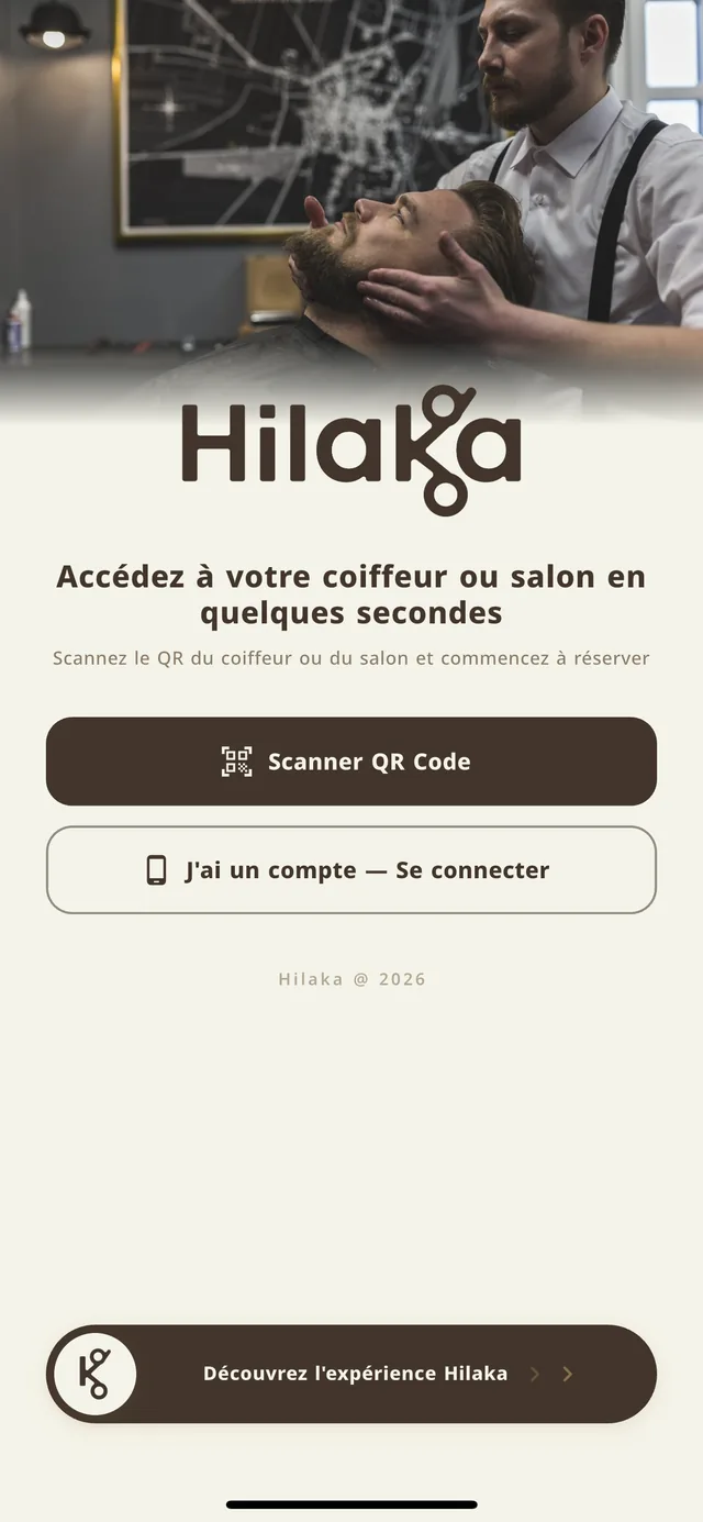 شاشة مسح رمز QR في تطبيق Hilaka · Scanner le QR code du coiffeur